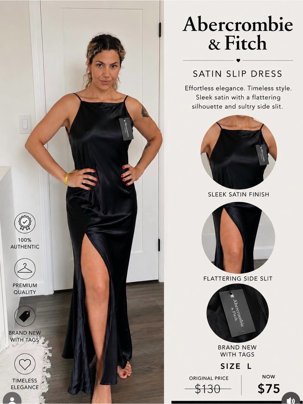 Abercrombie & Fitch Black Satin Slip Dress with Side Slit